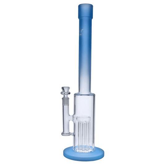 Front view of the 18-inch Queen of Bud Blue Topaz Special Edition waterpipe, showcasing its blue-tinted glass and simple beaker shape.