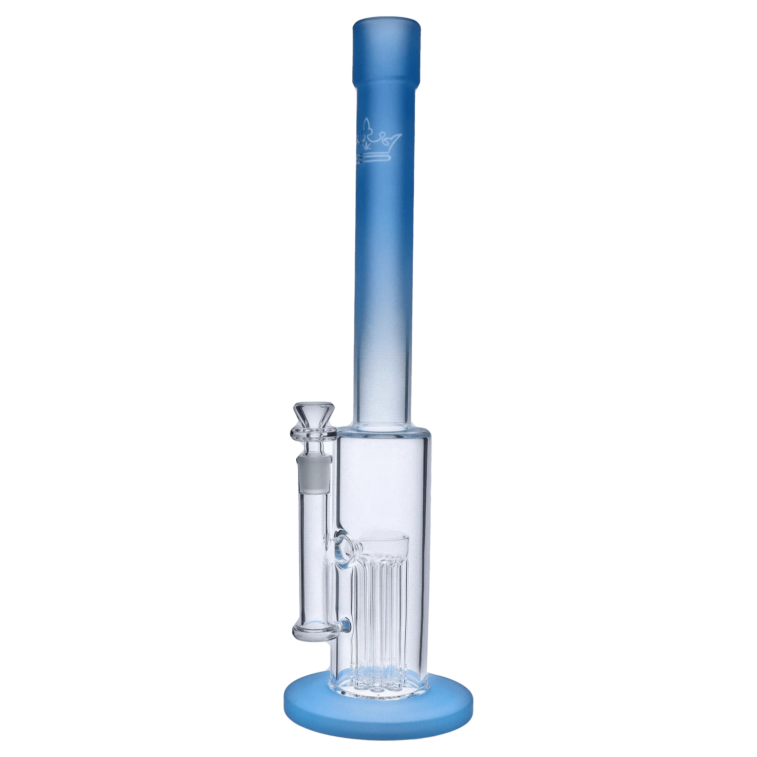 Front view of the 18-inch Queen of Bud Blue Topaz Special Edition waterpipe, displaying its clear glass construction and blue tinted top.