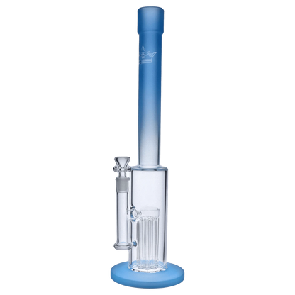 Front view of the 18-inch Queen of Bud Blue Topaz Special Edition waterpipe, displaying its clear glass construction and blue tinted top.