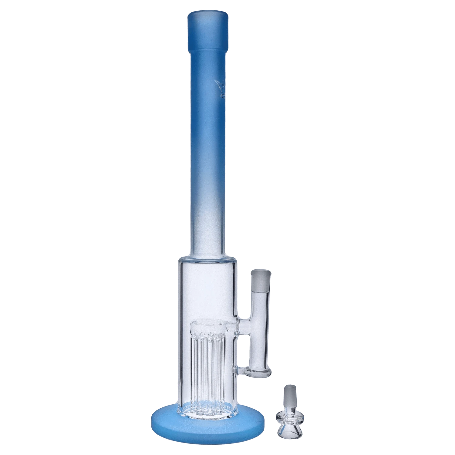 Front view of the 18-inch Queen of Bud Blue Topaz Special Edition waterpipe, showing its clear glass construction and simple cylindrical shape.