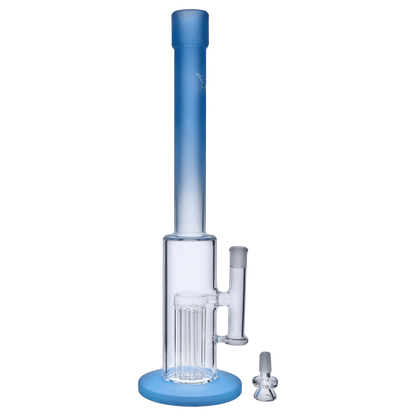 Front view of the 18-inch Queen of Bud Blue Topaz Special Edition waterpipe, showing its clear glass construction and simple cylindrical shape.