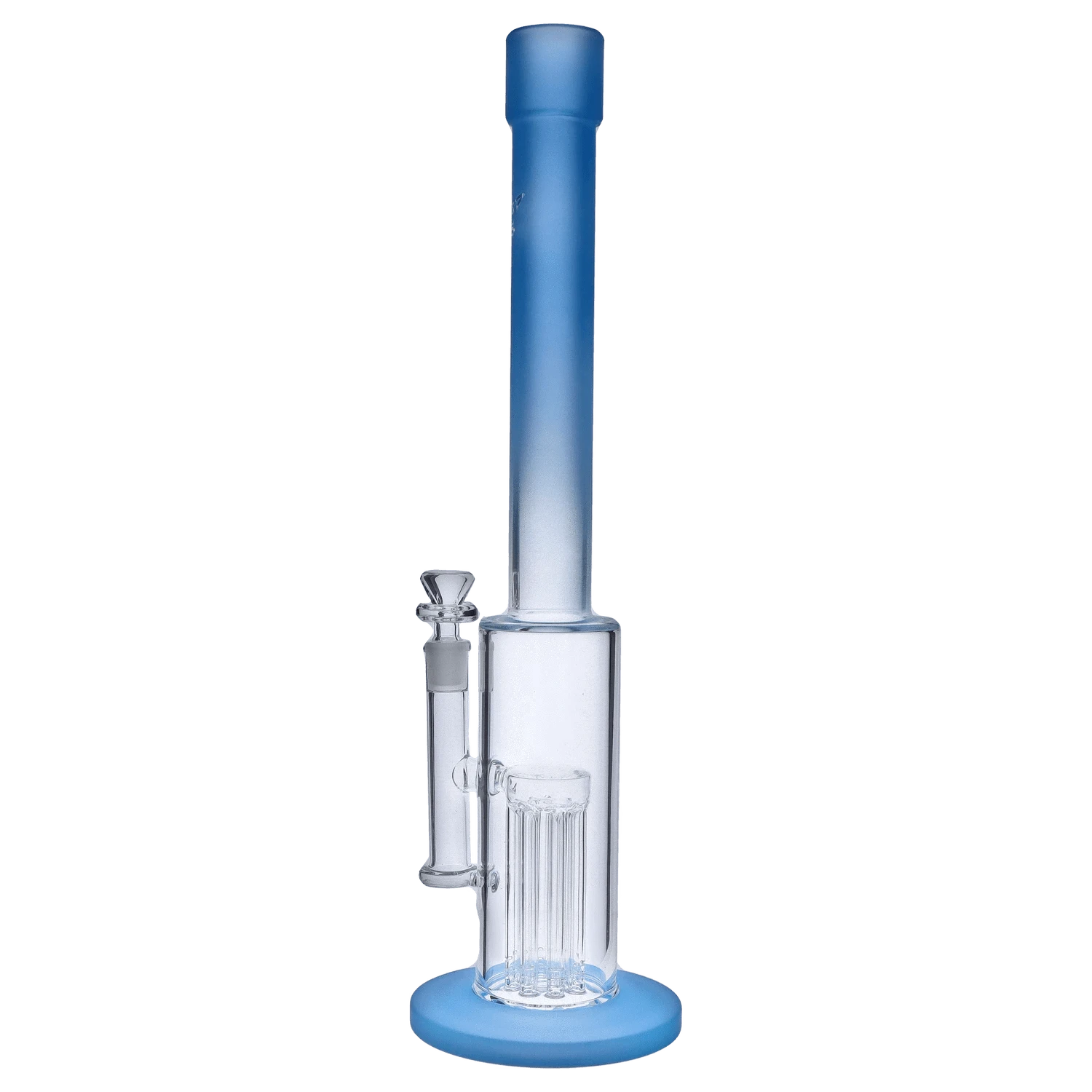 Front view of the 18-inch Queen of Bud Blue Topaz Special Edition waterpipe, showcasing its tall, clear glass construction.