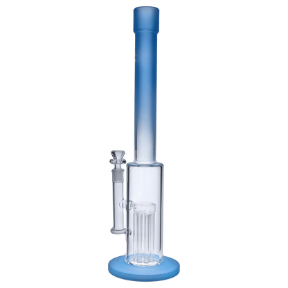 Front view of the 18-inch Queen of Bud Blue Topaz Special Edition waterpipe, showcasing its tall, clear glass construction.