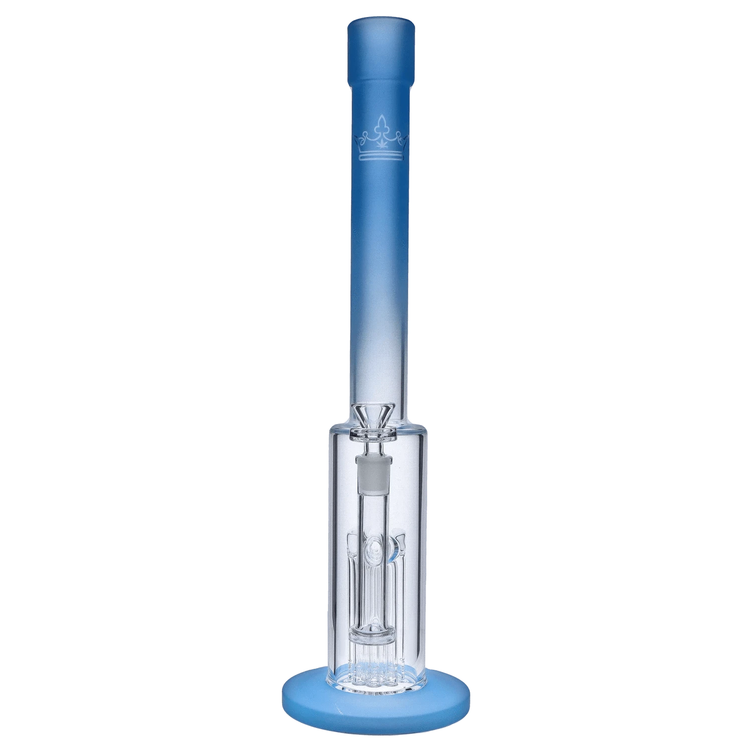Front view of the 18-inch Queen of Bud Blue Topaz Special Edition Waterpipe, showcasing its clear glass construction and simple cylindrical shape.