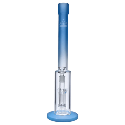 Front view of the 18-inch Queen of Bud Blue Topaz Special Edition Waterpipe, showcasing its clear glass construction and simple cylindrical shape.