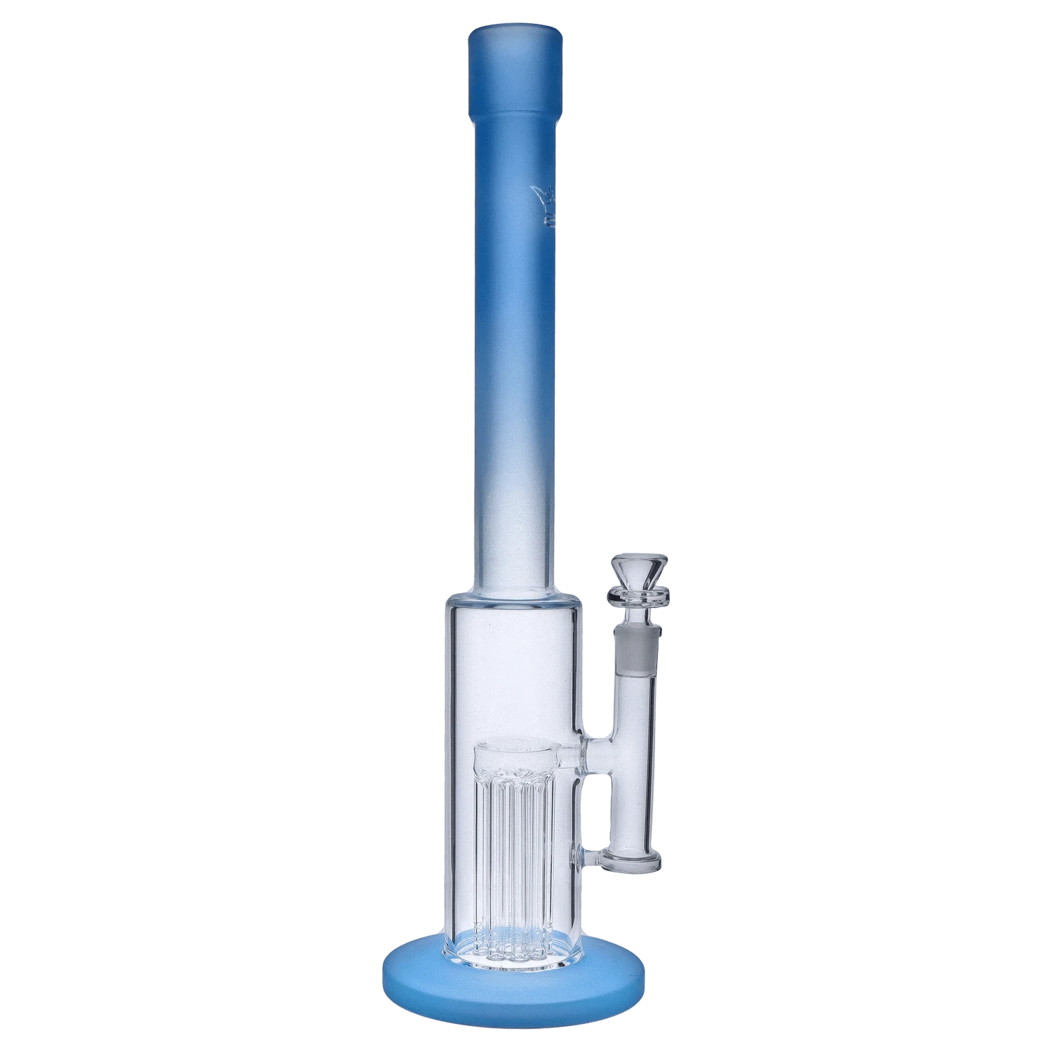Front view of the 18-inch Queen of Bud Blue Topaz Special Edition waterpipe, showcasing its clear glass construction and blue accent.