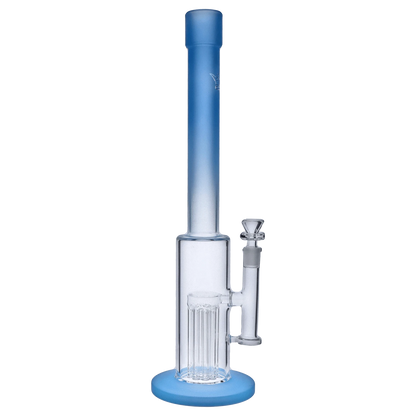 Front view of the 18-inch Queen of Bud Blue Topaz Special Edition waterpipe, showcasing its clear glass construction and blue accent.