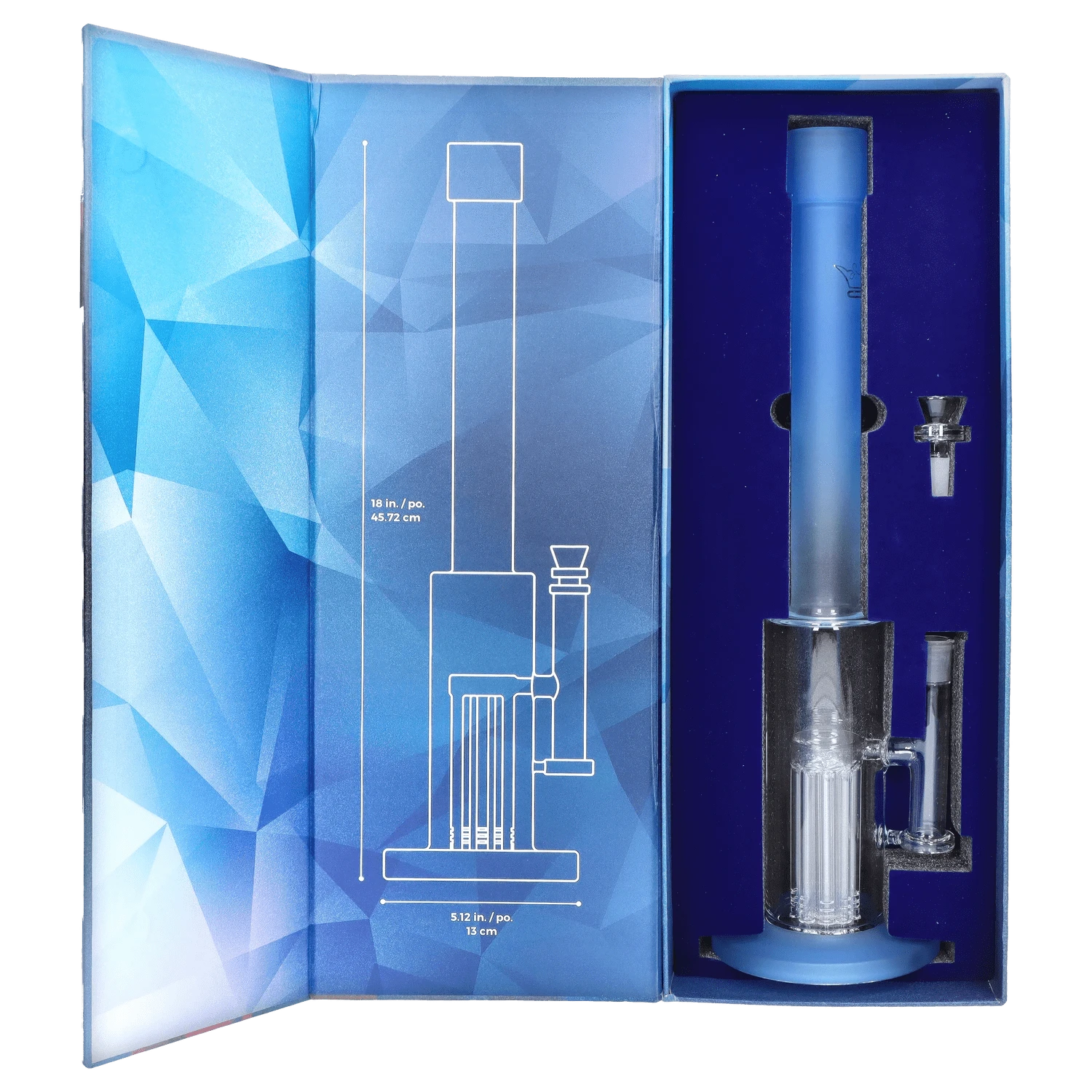 Front view of the 18-inch Queen of Bud Blue Topaz Special Edition waterpipe, displaying its sleek, blue-tinted glass construction against a dark backdrop.