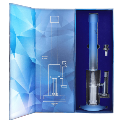 Front view of the 18-inch Queen of Bud Blue Topaz Special Edition waterpipe, displaying its sleek, blue-tinted glass construction against a dark backdrop.