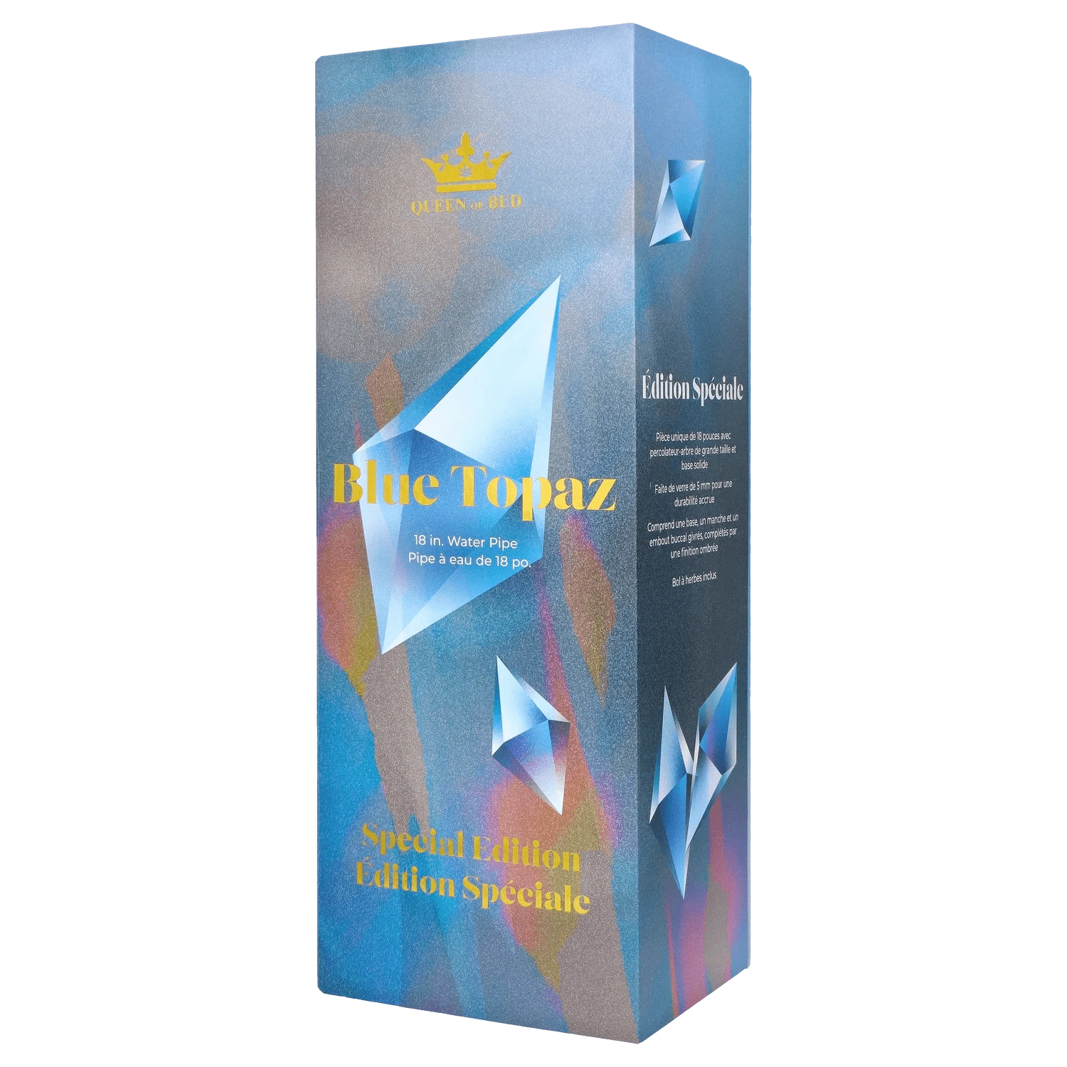 Front view of the Queen of Bud Blue Topaz Special Edition Waterpipe, showcasing its sleek design and vibrant blue hue.