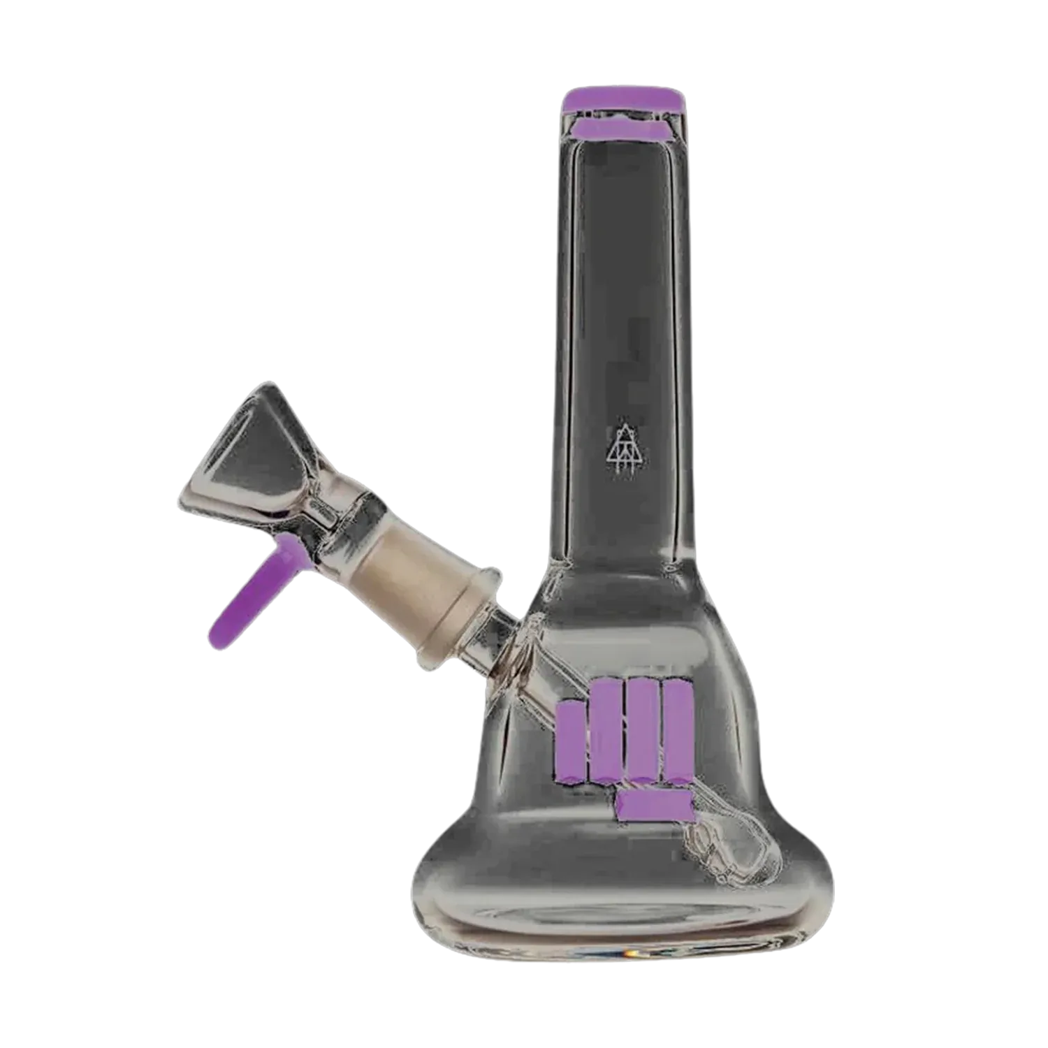 Angled close-up of the Snoop Dogg Pounds-Starship Water Pipe-Purple showing its clear glass body, upright neck, and purple accents on the bowl and percolator.