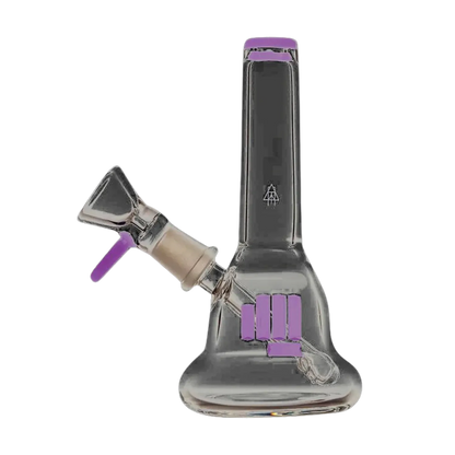 Angled close-up of the Snoop Dogg Pounds-Starship Water Pipe-Purple showing its clear glass body, upright neck, and purple accents on the bowl and percolator.
