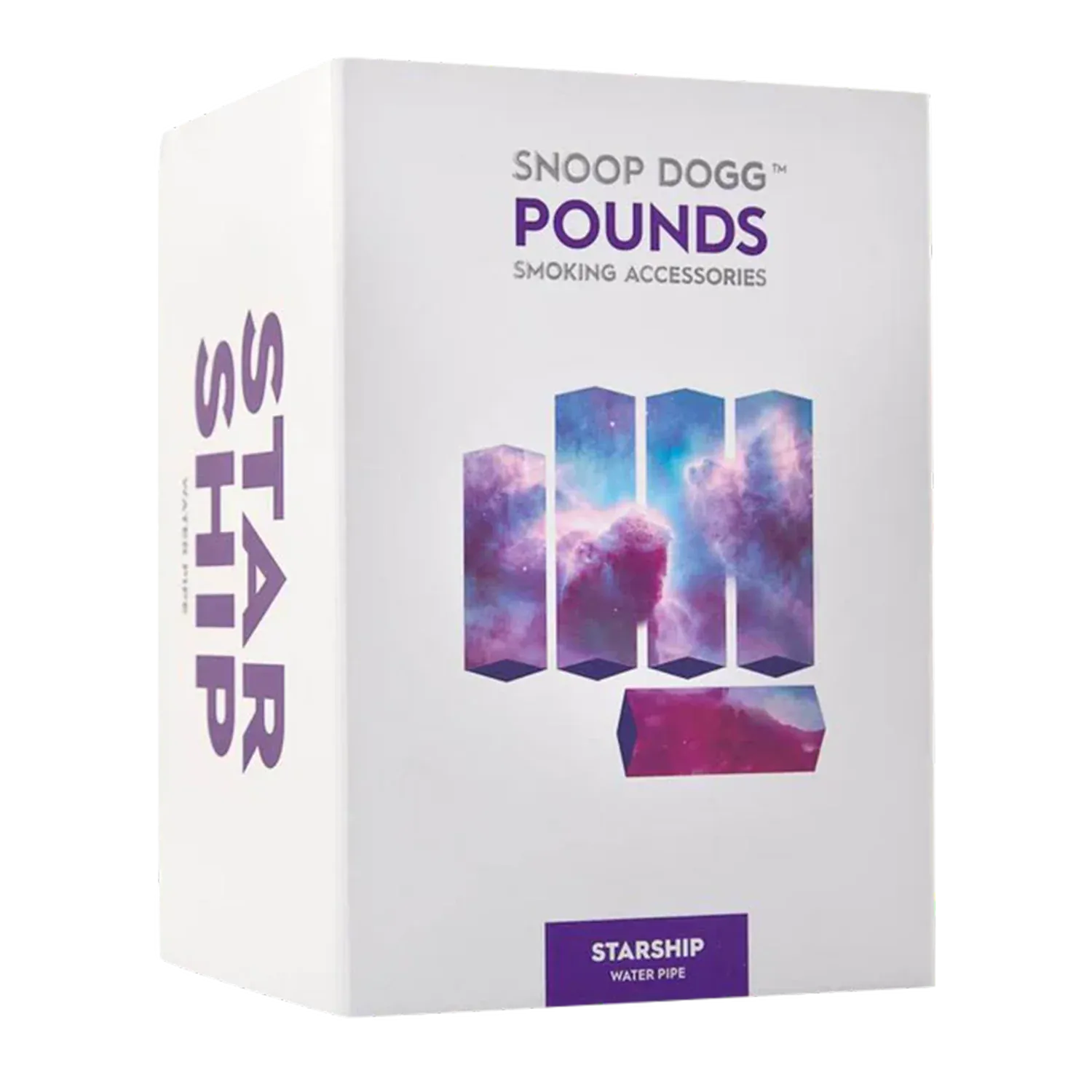Angled front view of the Snoop Dogg Pounds-Starship Water Pipe-Purple box showing purple galaxy graphics and bold "POUNDS" text on a white background