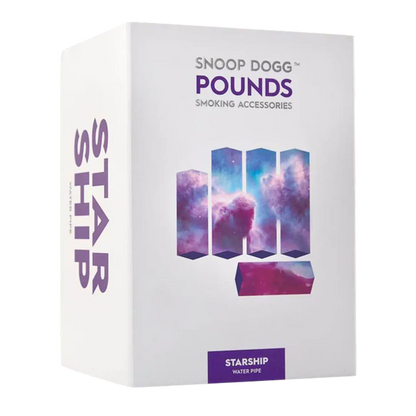 Angled front view of the Snoop Dogg Pounds-Starship Water Pipe-Purple box showing purple galaxy graphics and bold "POUNDS" text on a white background