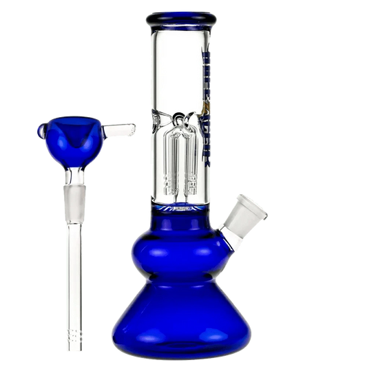 Front view of the 9-inch Dopezilla Tokyo Dope Water Pipe in blue glass, featuring a curved neck and simple design.