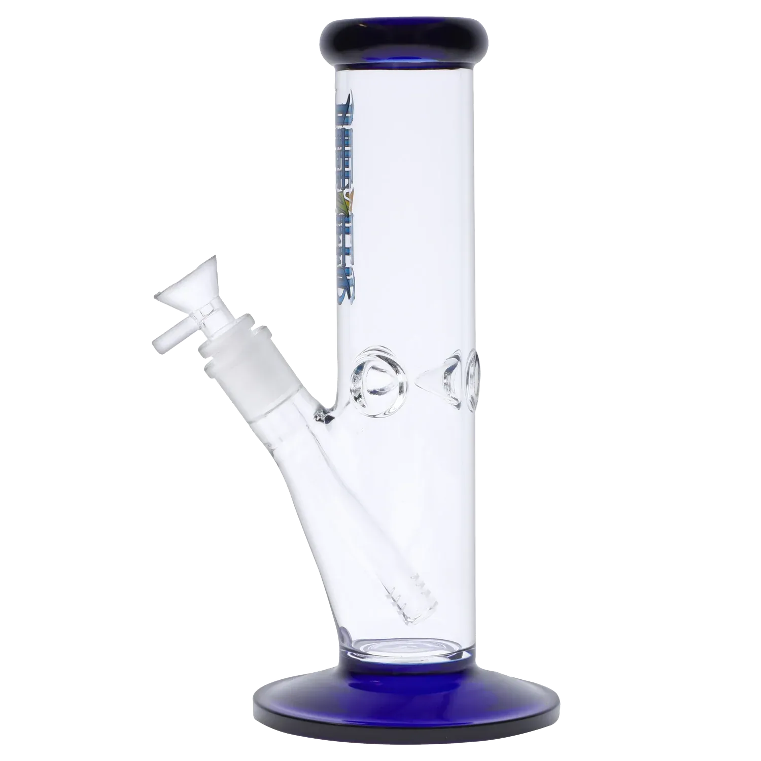 Side view of the Dopezilla Slimzilla Water Pipe - Blue - 10in. showing its straight clear glass tube with a blue-rimmed mouthpiece and matching blue base.