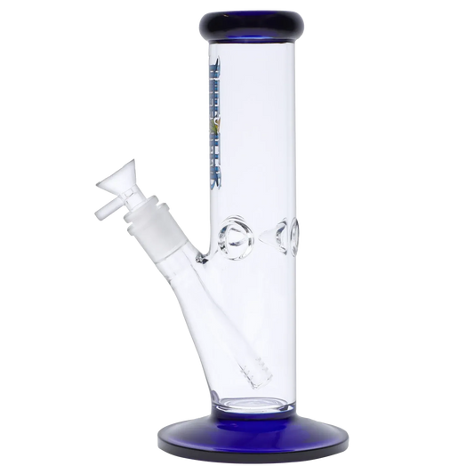 Side view of the Dopezilla Slimzilla Water Pipe - Blue - 10in. showing its straight clear glass tube with a blue-rimmed mouthpiece and matching blue base.