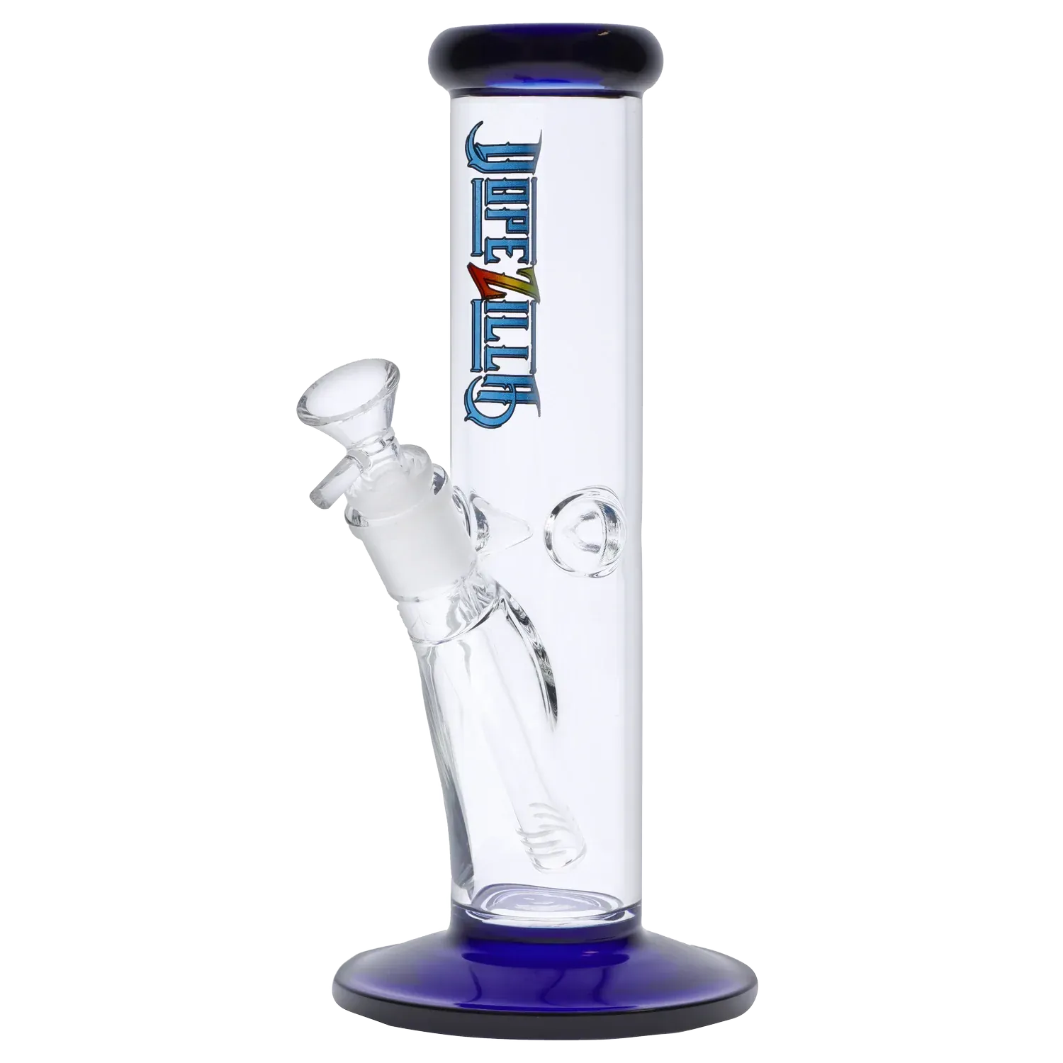 Close-up front view of the Dopezilla Slimzilla Water Pipe - Blue - 10in. showing a straight clear glass tube with blue-rimmed mouthpiece and base, angled downstem, and logo on a white background.