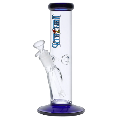 Close-up front view of the Dopezilla Slimzilla Water Pipe - Blue - 10in. showing a straight clear glass tube with blue-rimmed mouthpiece and base, angled downstem, and logo on a white background.