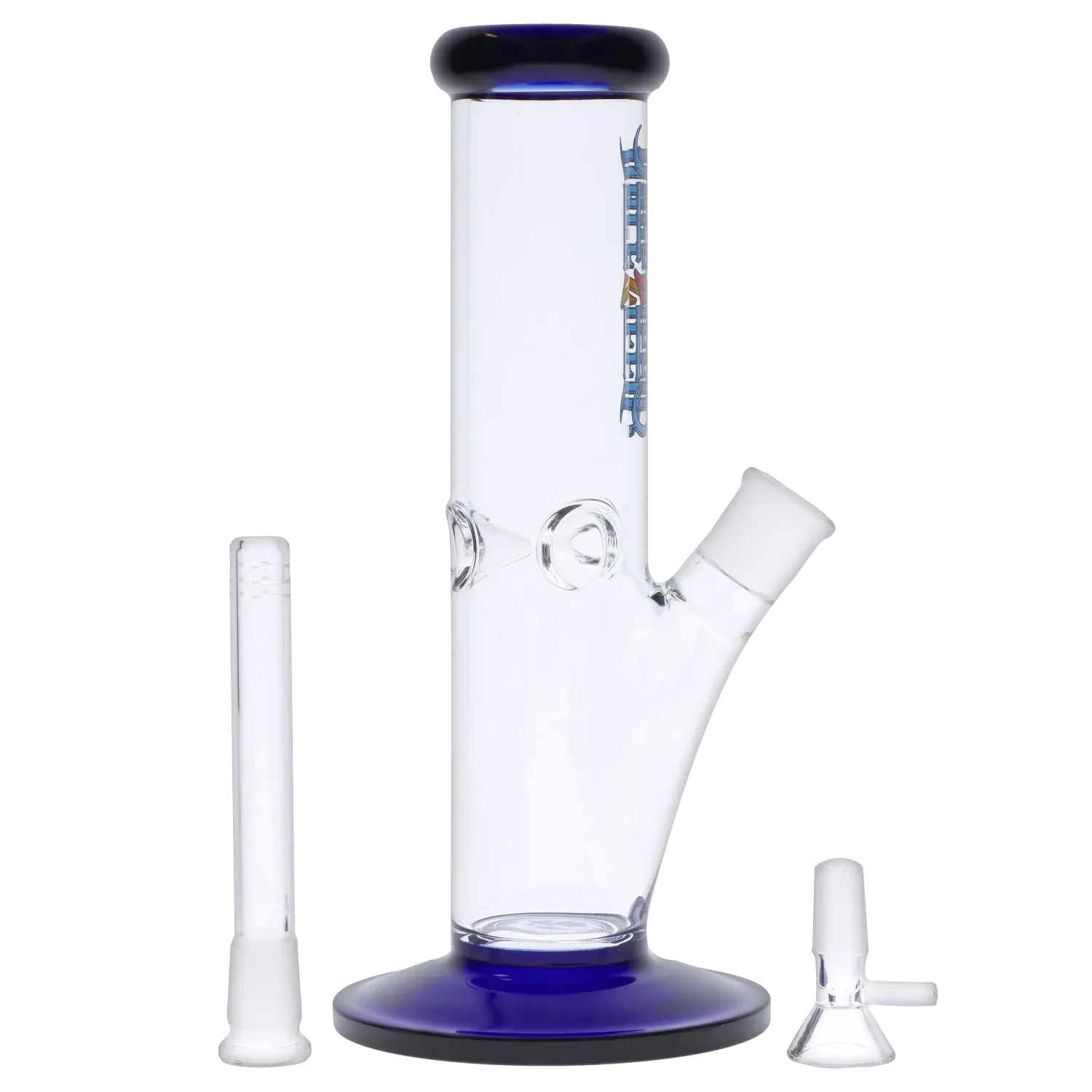 Center front view of the Dopezilla Slimzilla Water Pipe - Blue - 10in. showing its straight clear tube, blue-rimmed mouthpiece and base, angled joint, and two clear accessories.