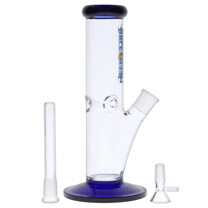 Center front view of the Dopezilla Slimzilla Water Pipe - Blue - 10in. showing its straight clear tube, blue-rimmed mouthpiece and base, angled joint, and two clear accessories.