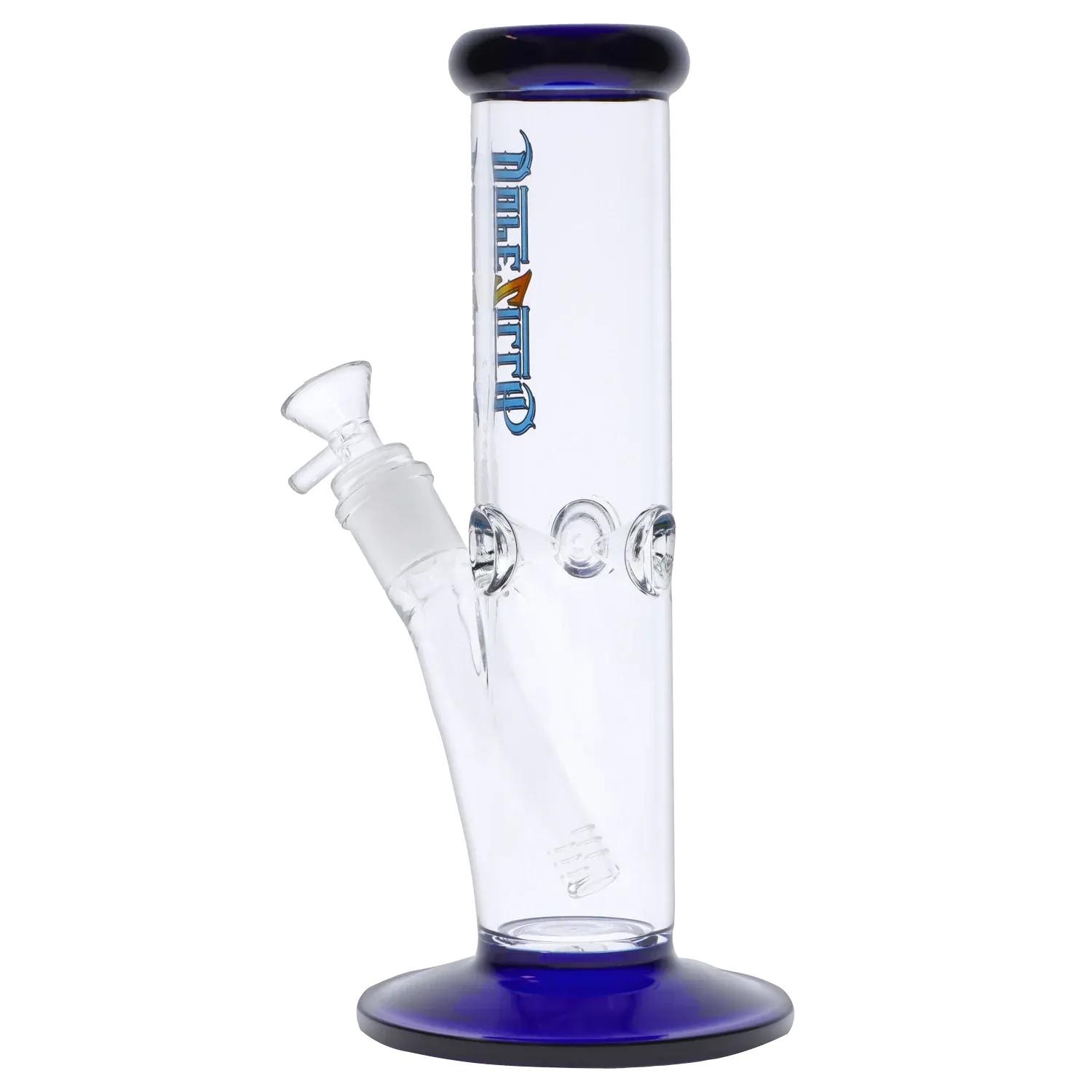 Close-up front view of the Dopezilla Slimzilla Water Pipe - Blue - 10in. showing the clear glass chamber, blue-rimmed mouthpiece and base, and angled downstem.
