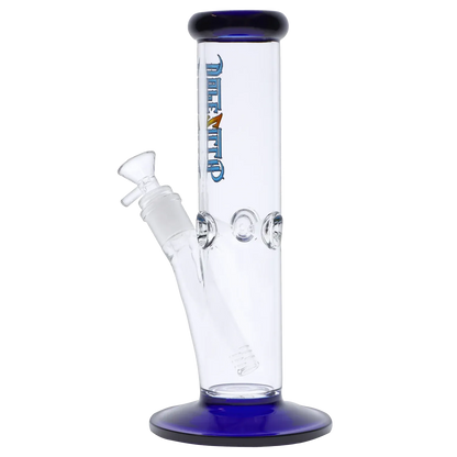Close-up front view of the Dopezilla Slimzilla Water Pipe - Blue - 10in. showing the clear glass chamber, blue-rimmed mouthpiece and base, and angled downstem.