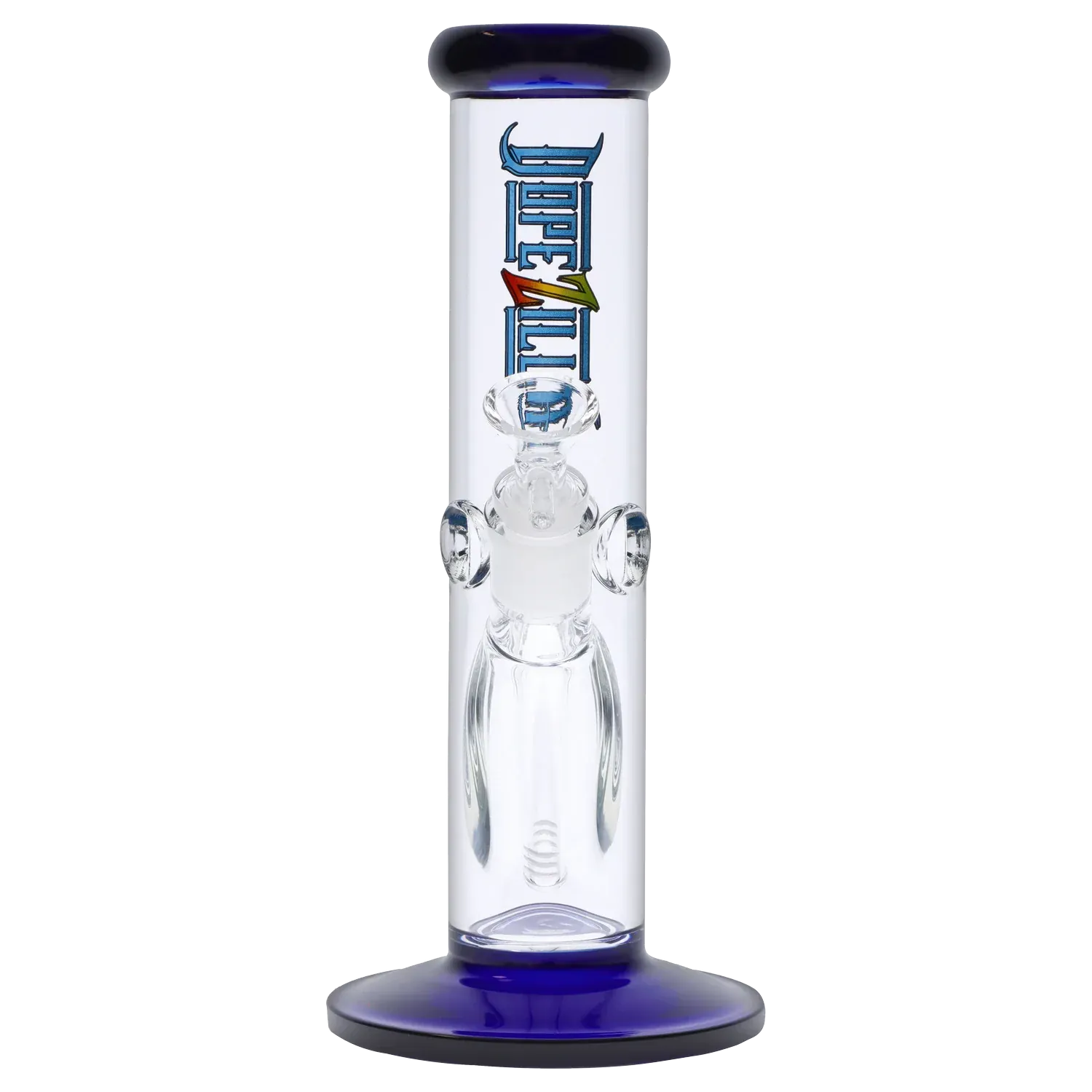 Close-up front view of the Dopezilla Slimzilla Water Pipe - Blue - 10in. showing a straight clear tube with blue rim and base and visible downstem and percolator.