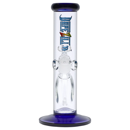 Close-up front view of the Dopezilla Slimzilla Water Pipe - Blue - 10in. showing a straight clear tube with blue rim and base and visible downstem and percolator.