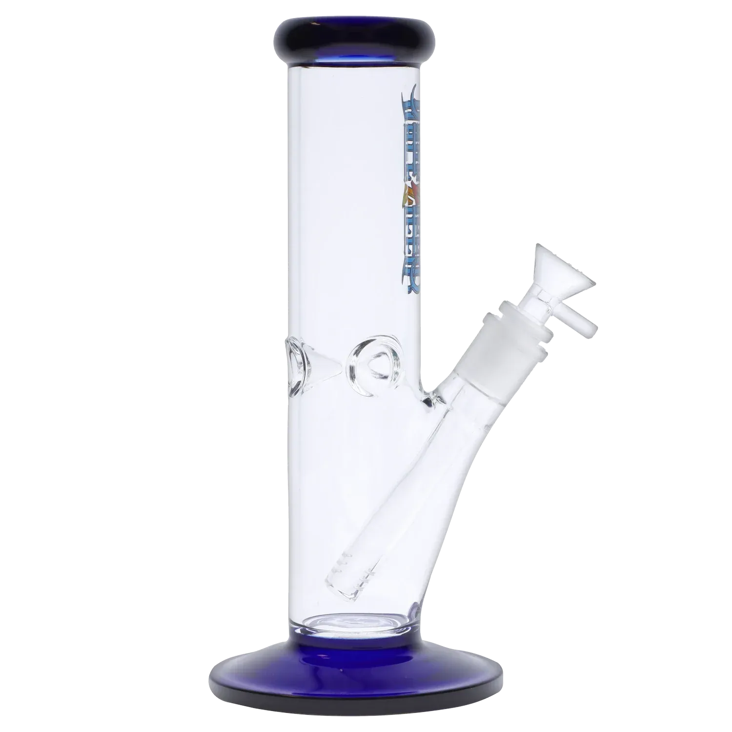 Straight-on view of the Dopezilla Slimzilla Water Pipe - Blue - 10in. showing the clear glass tube, angled downstem and blue-rimmed mouthpiece and base.