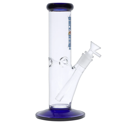 Straight-on view of the Dopezilla Slimzilla Water Pipe - Blue - 10in. showing the clear glass tube, angled downstem and blue-rimmed mouthpiece and base.