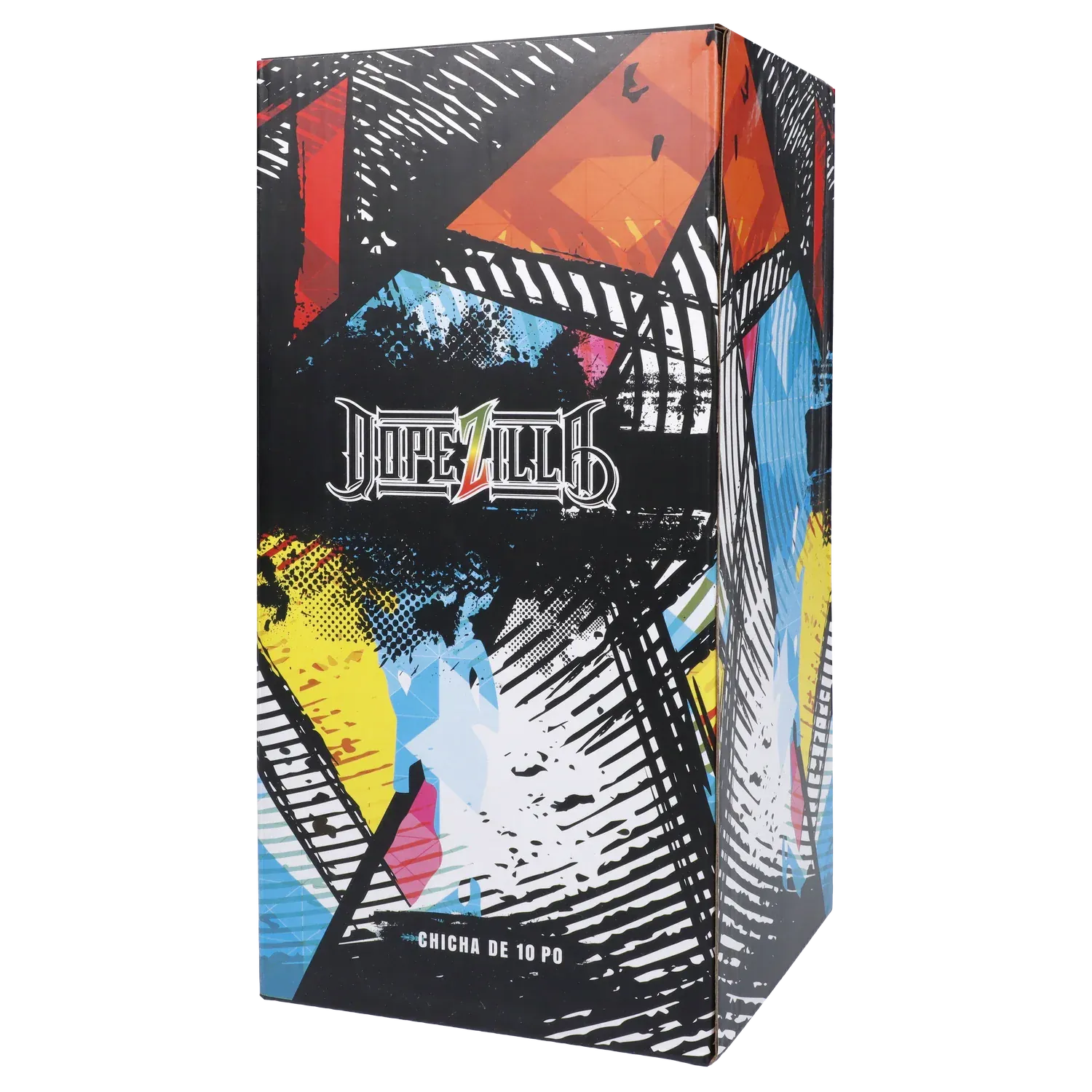 Angled view of the colorful packaging box for the Dopezilla Slimzilla Water Pipe - Blue - 10in., showing graffiti-like geometric prints and the Dopezilla logo.