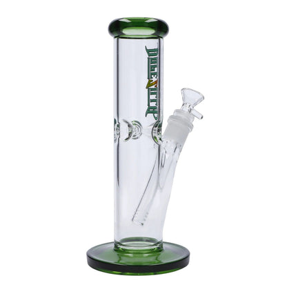 Front view of the 10-inch Dopezilla Slimzilla water pipe in green, showcasing its sleek, cylindrical shape and clear glass construction.