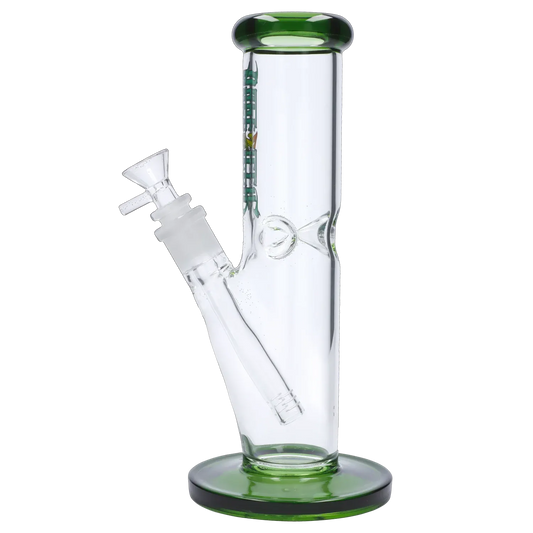 Three-quarter view of the Dopezilla Slimzilla Water Pipe - Green - 10in. showing its clear glass tube with green-rimmed mouthpiece and base against a white background