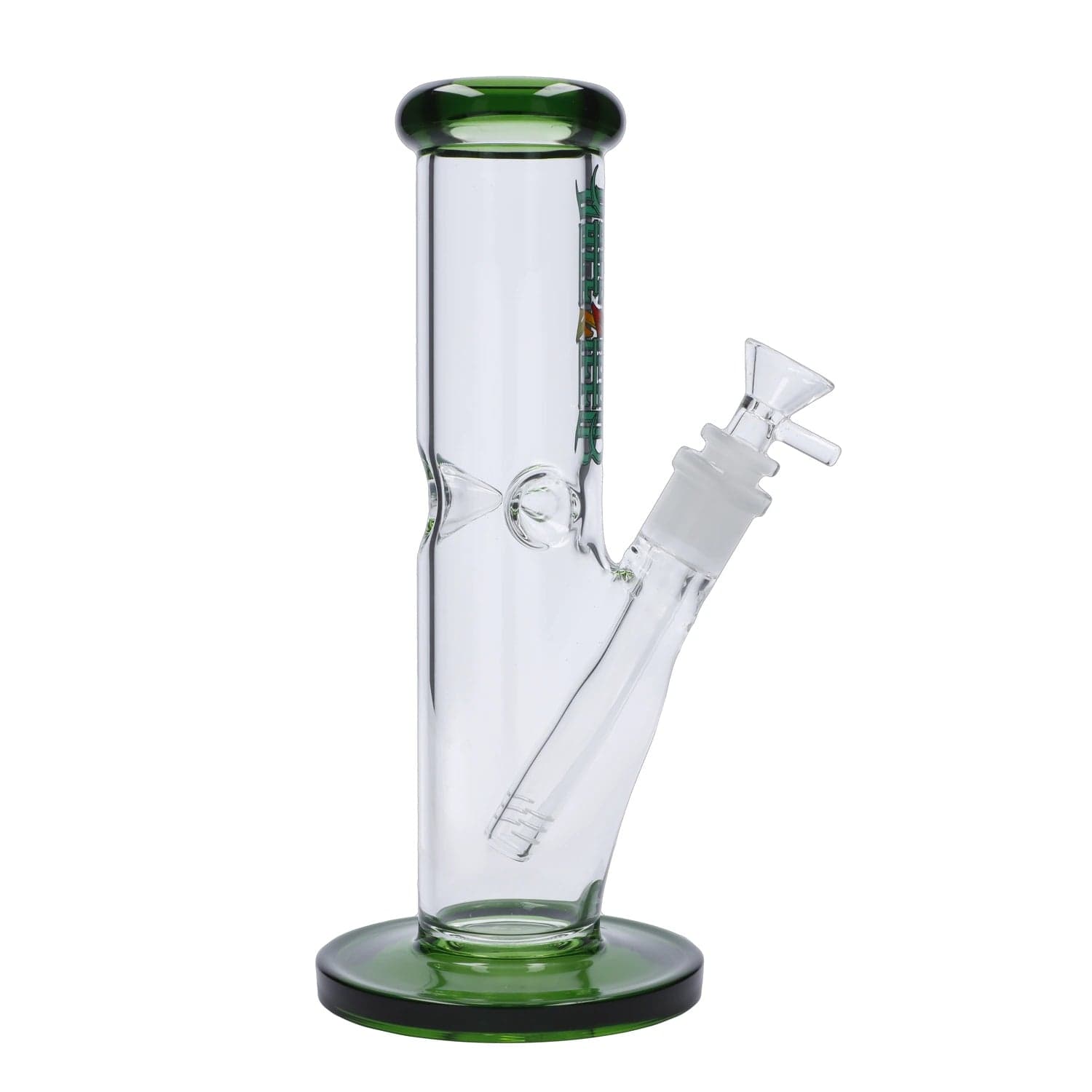 Front view of the 10-inch Dopezilla Slimzilla water pipe in green, showing its sleek, cylindrical shape and clear glass construction.