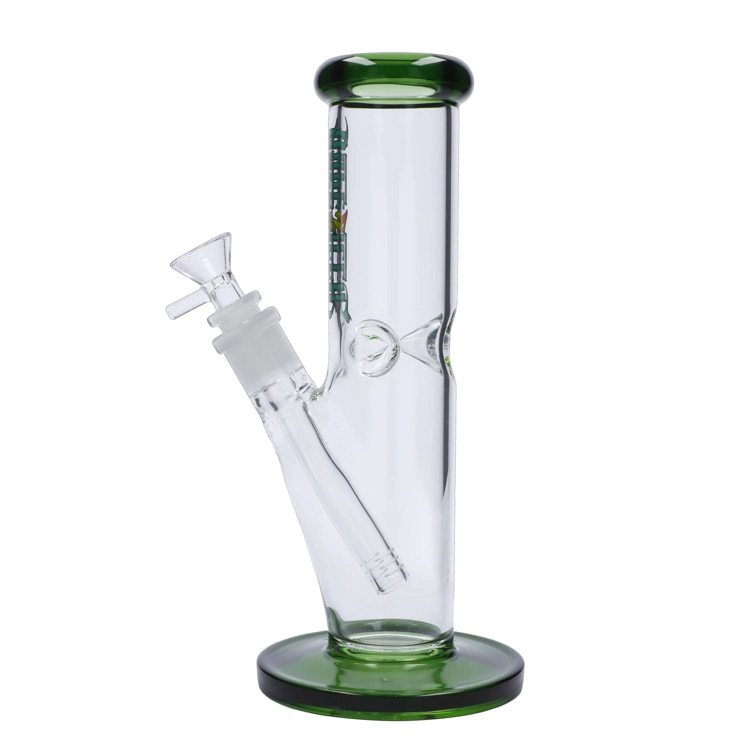 A studio shot of the 10-inch Dopezilla Slimzilla water pipe in green, showcasing its sleek, cylindrical shape and clear glass construction.