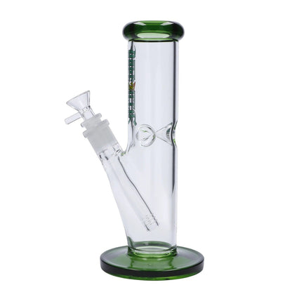 A studio shot of the 10-inch Dopezilla Slimzilla water pipe in green, showcasing its sleek, cylindrical shape and clear glass construction.