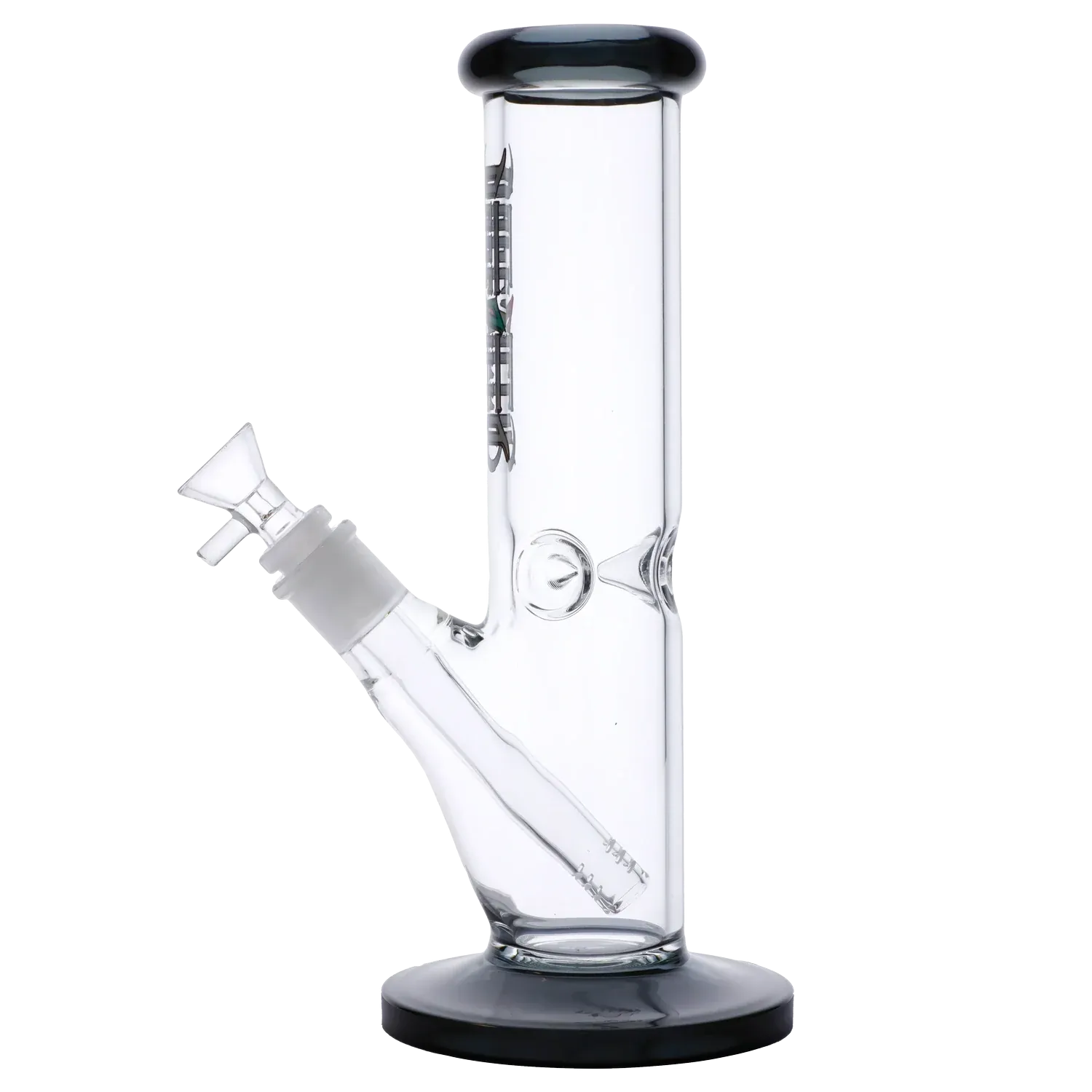 Side view of the transparent black Dopezilla Slimzilla Water Pipe - Transparent Black - 10in. showing its straight tube, angled downstem, and black-rimmed base and mouthpiece.