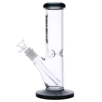 Side view of the transparent black Dopezilla Slimzilla Water Pipe - Transparent Black - 10in. showing its straight tube, angled downstem, and black-rimmed base and mouthpiece.