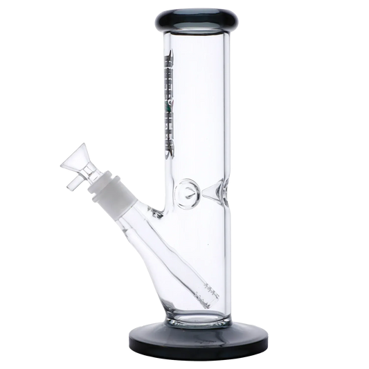 Side view of the transparent black Dopezilla Slimzilla Water Pipe - Transparent Black - 10in. showing its straight tube, angled downstem, and black-rimmed base and mouthpiece.