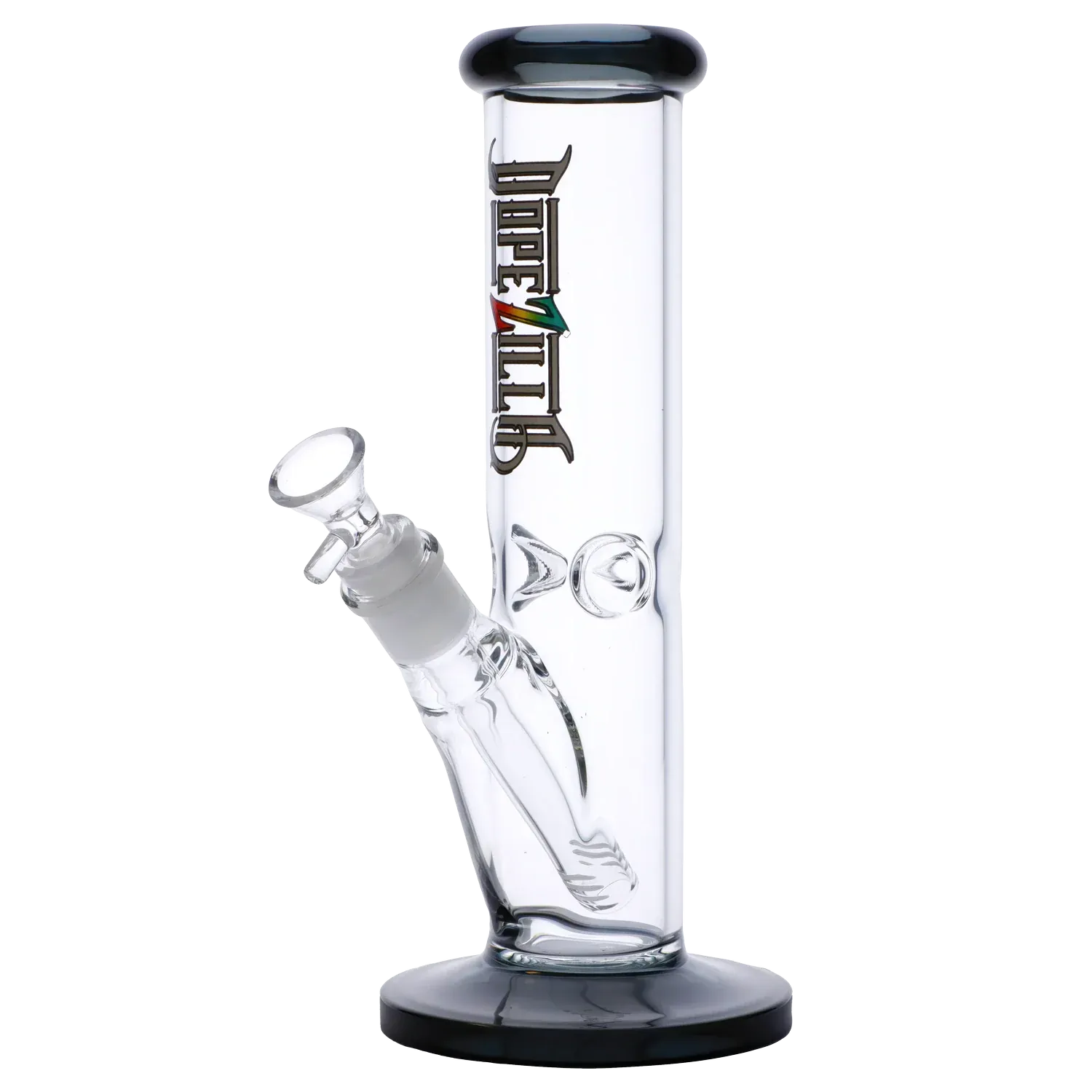 Side view of the Dopezilla Slimzilla Water Pipe - Transparent Black - 10in. showing the straight glass tube, angled downstem and black-rimmed mouthpiece and base.