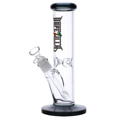 Side view of the Dopezilla Slimzilla Water Pipe - Transparent Black - 10in. showing the straight glass tube, angled downstem and black-rimmed mouthpiece and base.