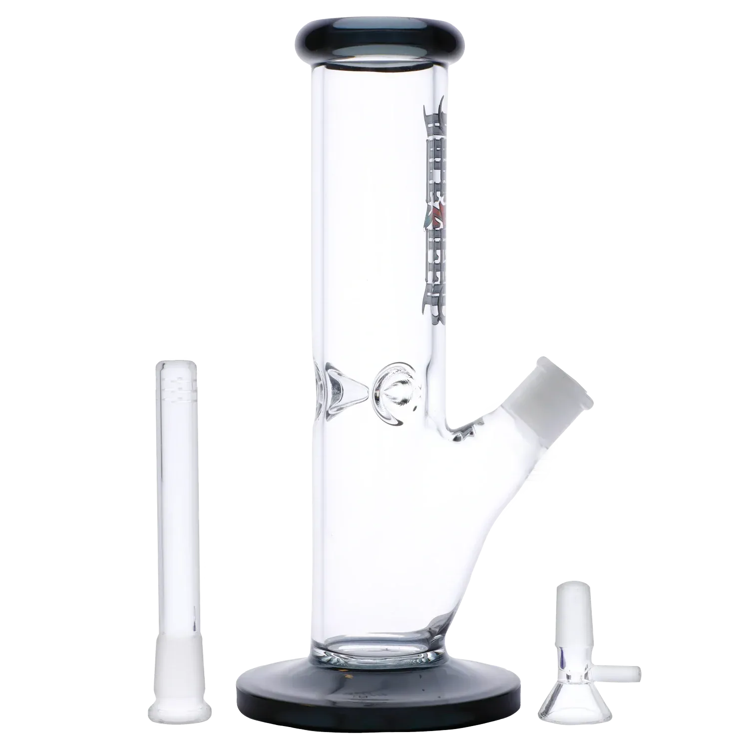 Straight-on studio shot of the Dopezilla Slimzilla Water Pipe - Transparent Black - 10in. showing the cylindrical clear body, black-rimmed mouthpiece and base, angled joint, and two separate glass accessories.