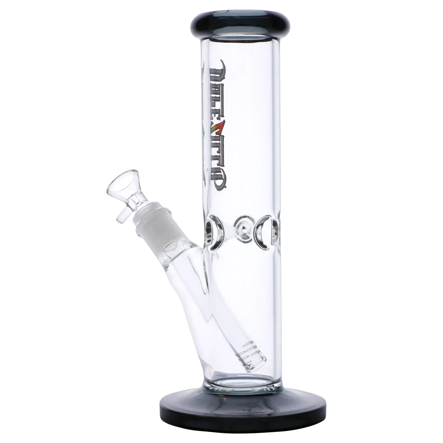 Side view of the Dopezilla Slimzilla Water Pipe - Transparent Black - 10in. showing the straight tube, angled downstem and black-rimmed mouthpiece and base.