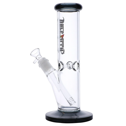 Side view of the Dopezilla Slimzilla Water Pipe - Transparent Black - 10in. showing the straight tube, angled downstem and black-rimmed mouthpiece and base.