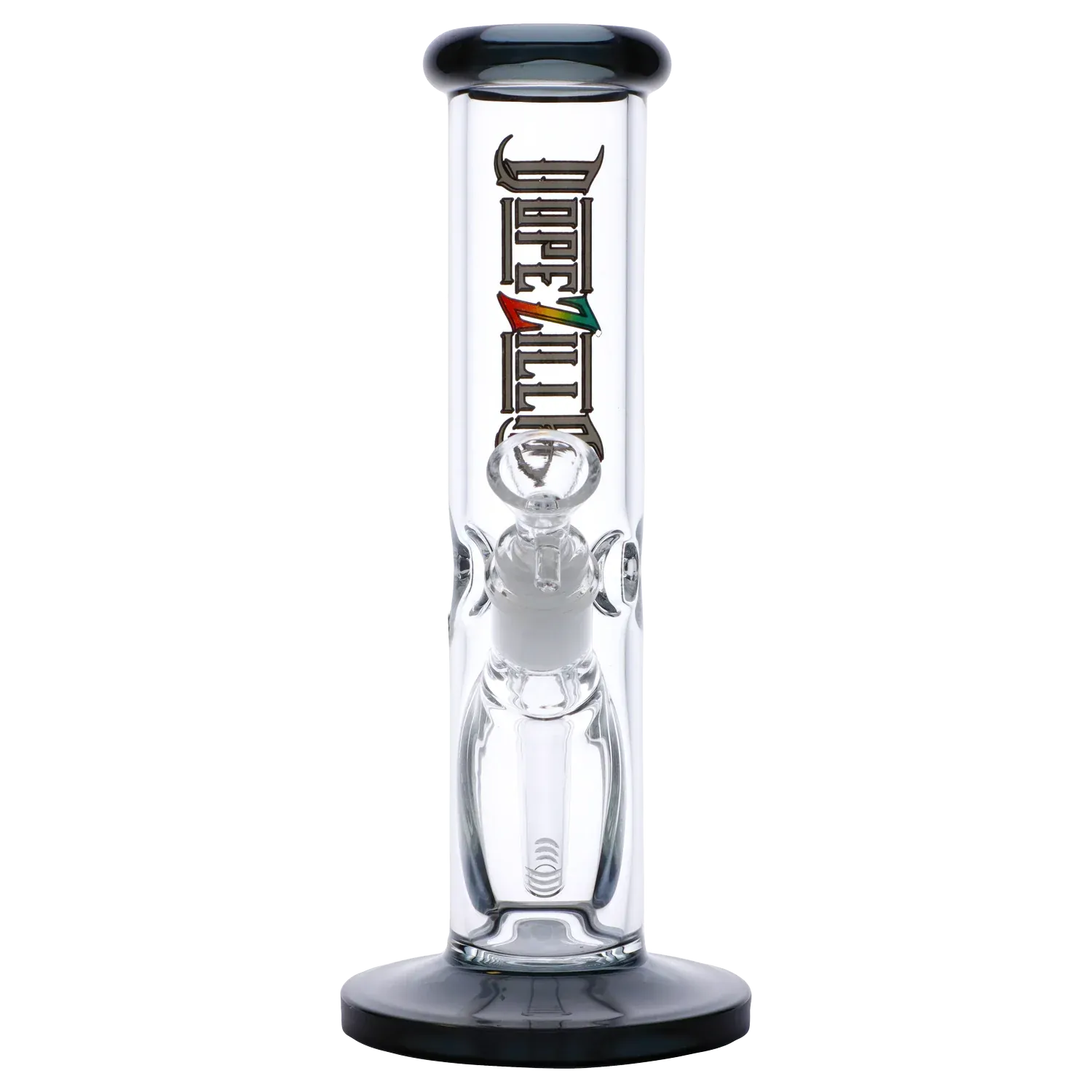 Centered front view of the Dopezilla Slimzilla Water Pipe - Transparent Black - 10in., showing its straight clear tube, black rim and base, and central bowl detail.