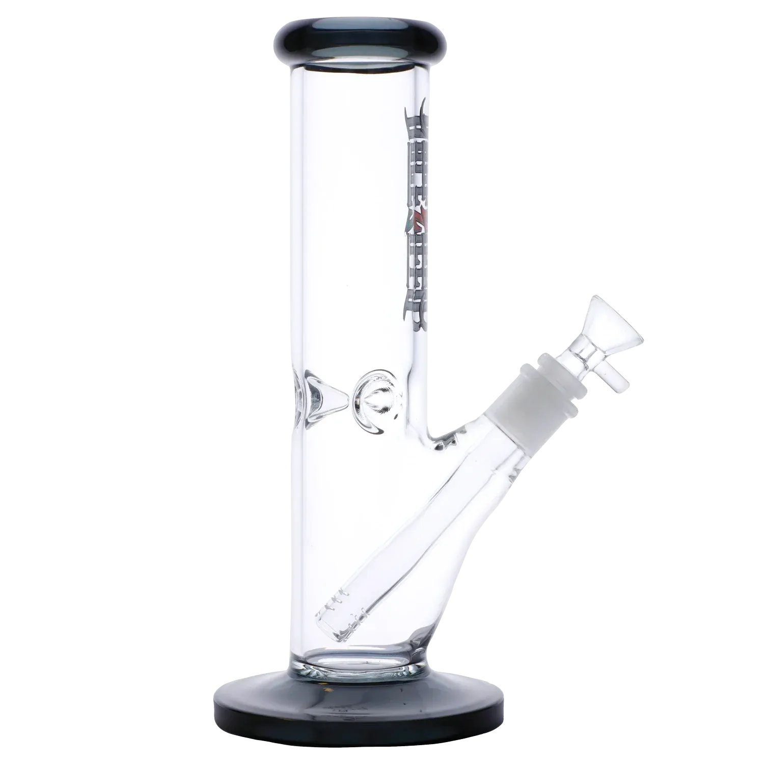 Side profile of the Dopezilla Slimzilla Water Pipe - Transparent Black - 10in., showing the straight clear tube, angled downstem and black-rimmed mouthpiece on a black base