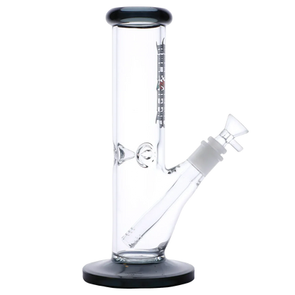 Side profile of the Dopezilla Slimzilla Water Pipe - Transparent Black - 10in., showing the straight clear tube, angled downstem and black-rimmed mouthpiece on a black base