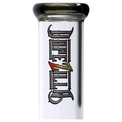 Close-up front view of the Dopezilla New York Water Pipe - Transparent Black - 12in. neck showing the black-outlined multicolored Dopezilla logo against a white background
