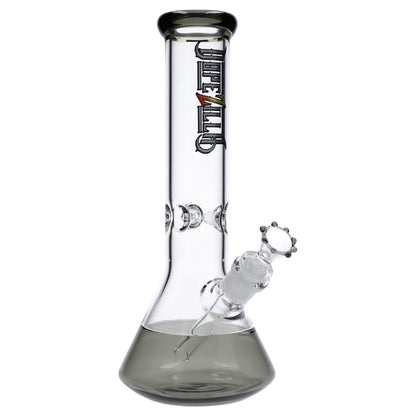 Straight-on view of the Dopezilla New York Water Pipe - Transparent Black - 12in. showing its 12-inch straight tube, angled downstem and dark-tinted beaker base.